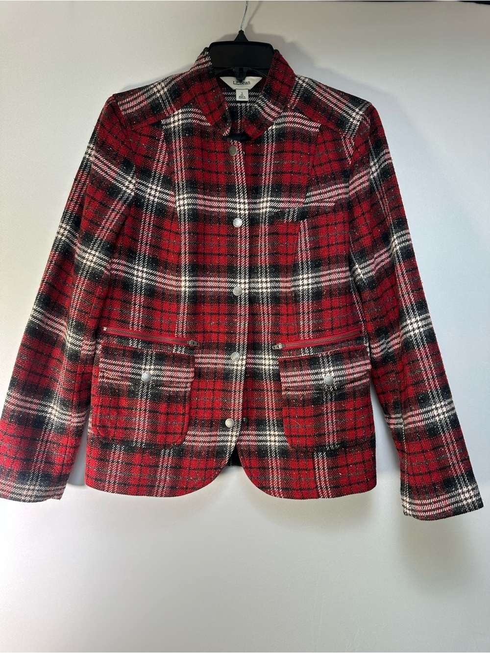 L.L. Bean Red Black White Plaid Wool-Blend Stonington Blazer